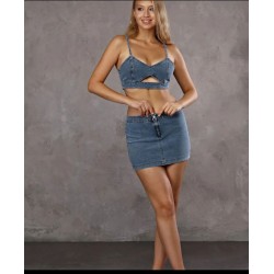 Askılı Crop Top Büstiyer ve Mini etek LYCRALI Hafen Free blue Takım Jean Denim Kot