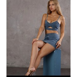 Askılı Crop Top Büstiyer ve Mini etek LYCRALI Hafen Free blue Takım Jean Denim Kot